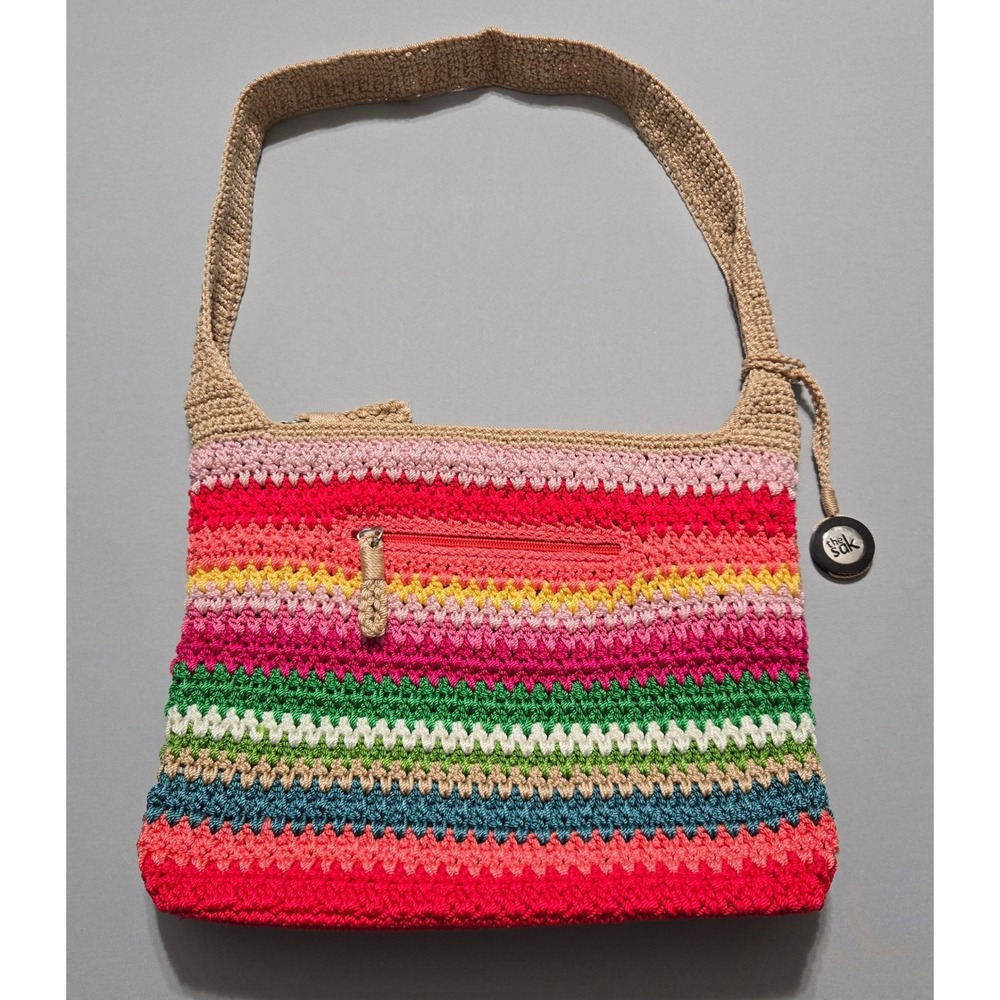 The Sak Crochet Shoulder Bag Multicolor Rainbow Striped Purse Zips Knit